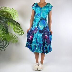 Vintage 90s Expo New York Indie Blue Floral Boho Fairycore Crinkle Midi Dress /M